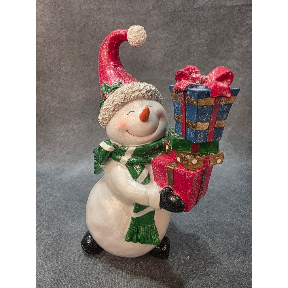 Christmas Snowman Figurine with Stacked Gifts Red Santa Hat Glitter Decor 14.5"